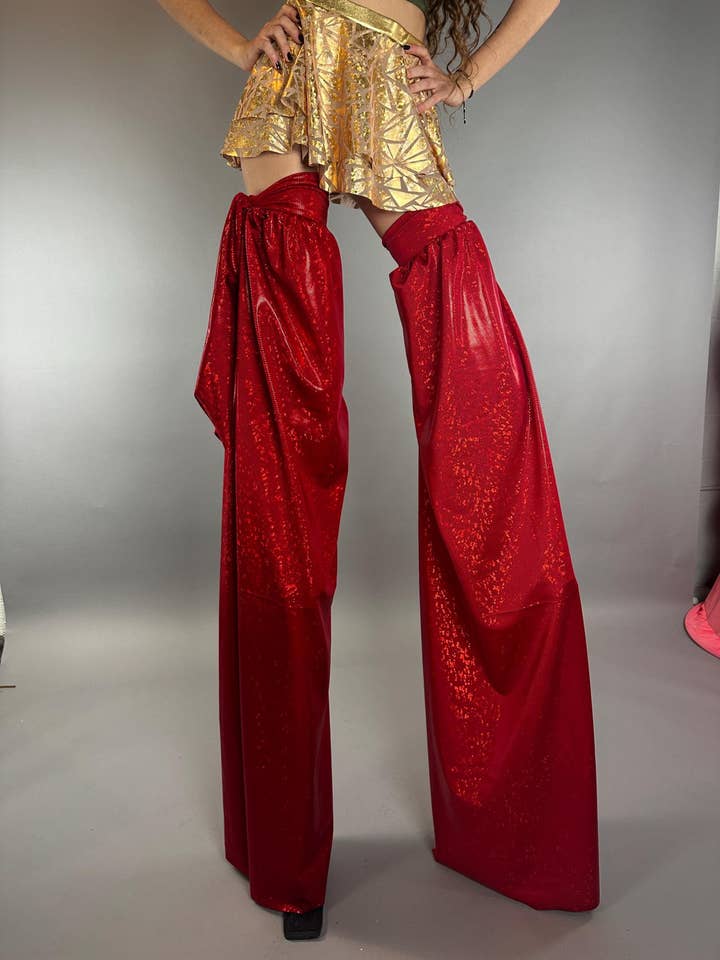 Red Shiny Stilt Covers, Wide Leg Spandex Pants, Custom Inseam Performance Trousers, 4 Way Stretch Fabric, Flared Leg for wholesale by Kikimora Fashion