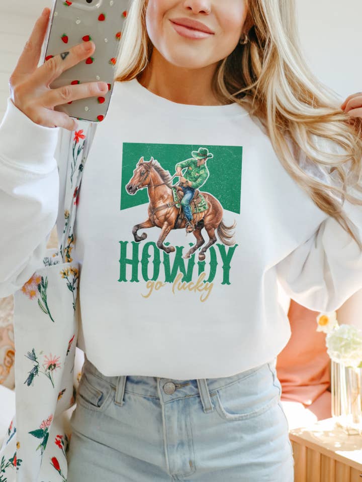 Howdy Go Lucky Cowboy Adult Graphic Crewneck Pullover for wholesale by Uncommon Label