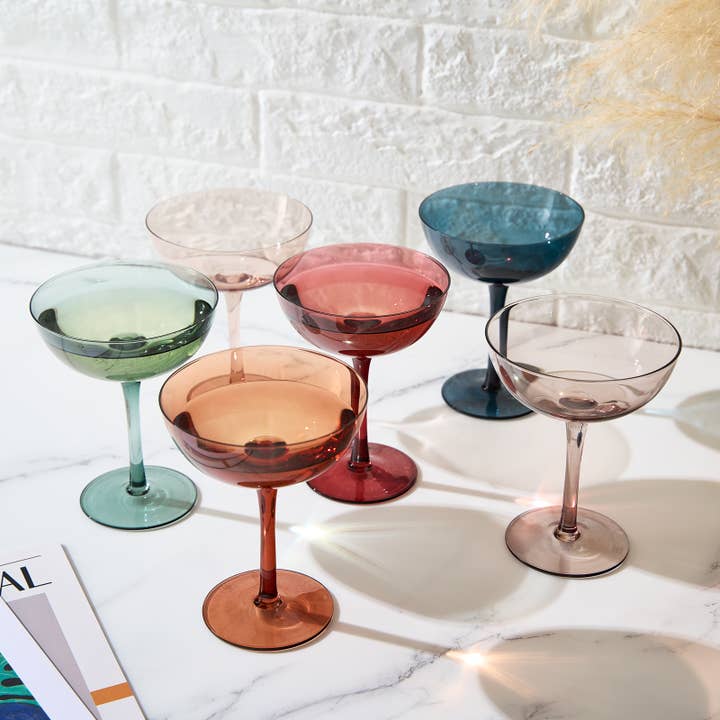 The Wine Savant / Khen Glassware - Wholesale Cocktail/Liquor Glass - Coupe Cocktail Glasses 7 oz | Set of 6 | Pastel Colored