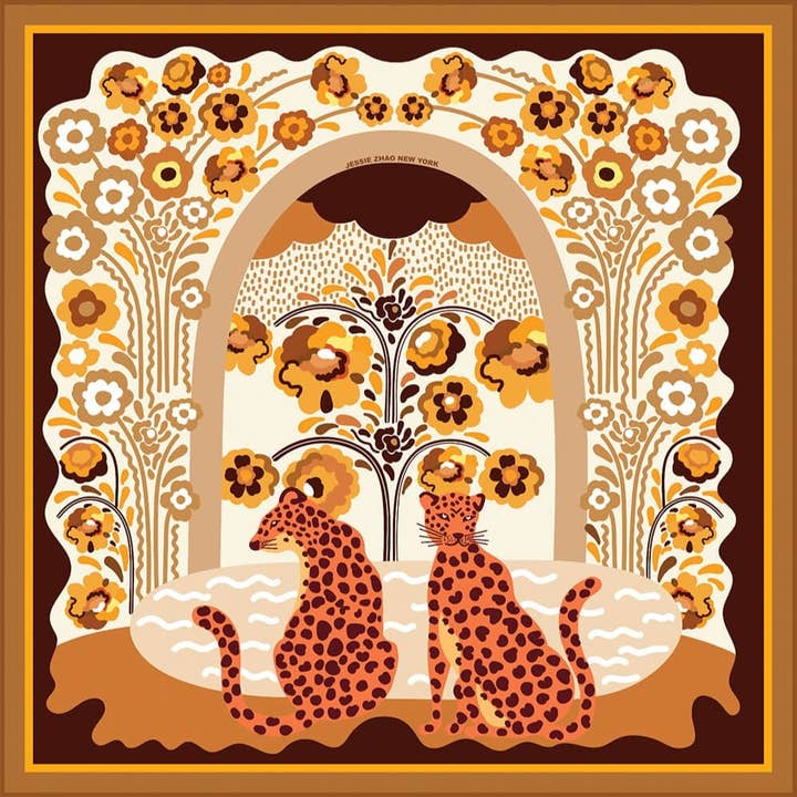 Double Sided Silk Scarf Of Leopards With Floral Fountain for wholesale by Jessie Zhao New York