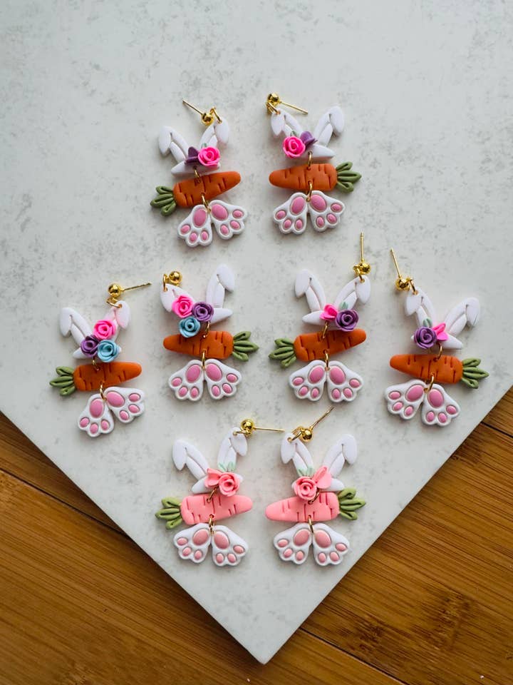 Floral Bunny Collection Unique Handmade Clay Earrings for wholesale by KBH CREATIONS