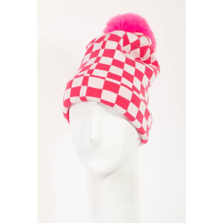 Collections by Fame Accessories - Wholesale Beanie - Women's - Checkered Pom Beanie