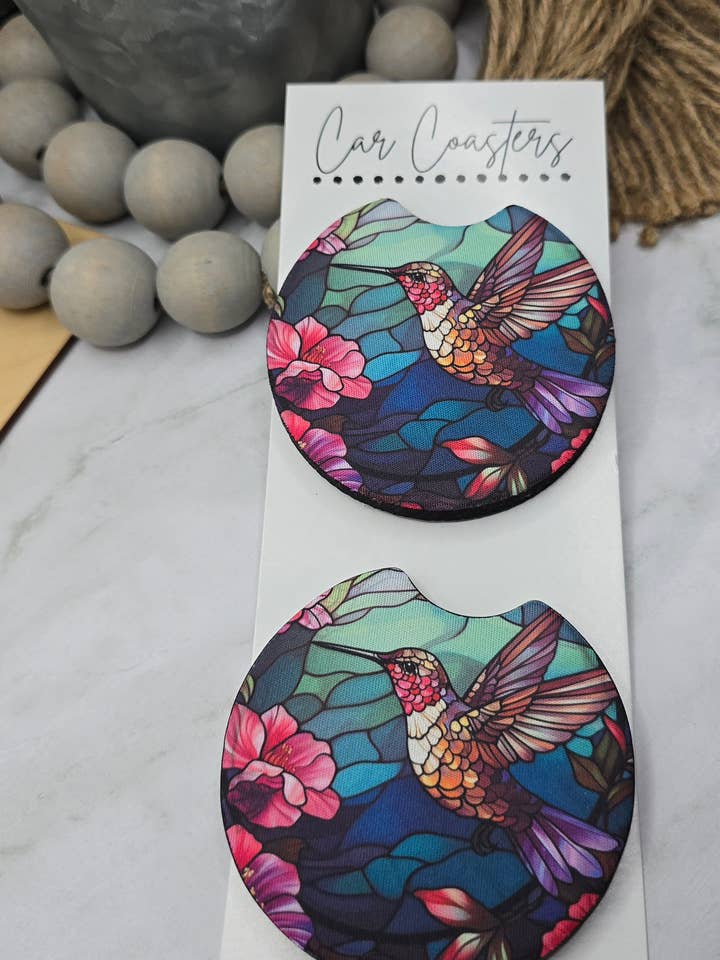 Stain Glass Hummingbird Car Coasters for wholesale by Woody Bee Creations