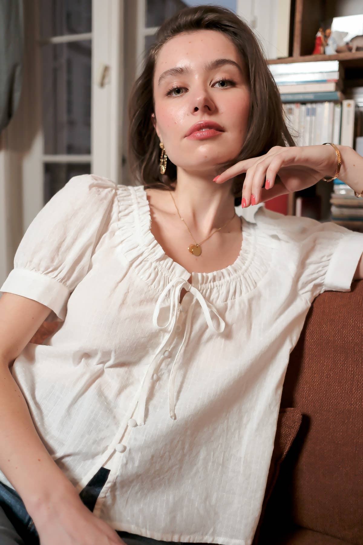 LOVIE & CO - Vente Chemisier – femme - Top manches courtes col froncé à nœud - 4849T-FAITH6