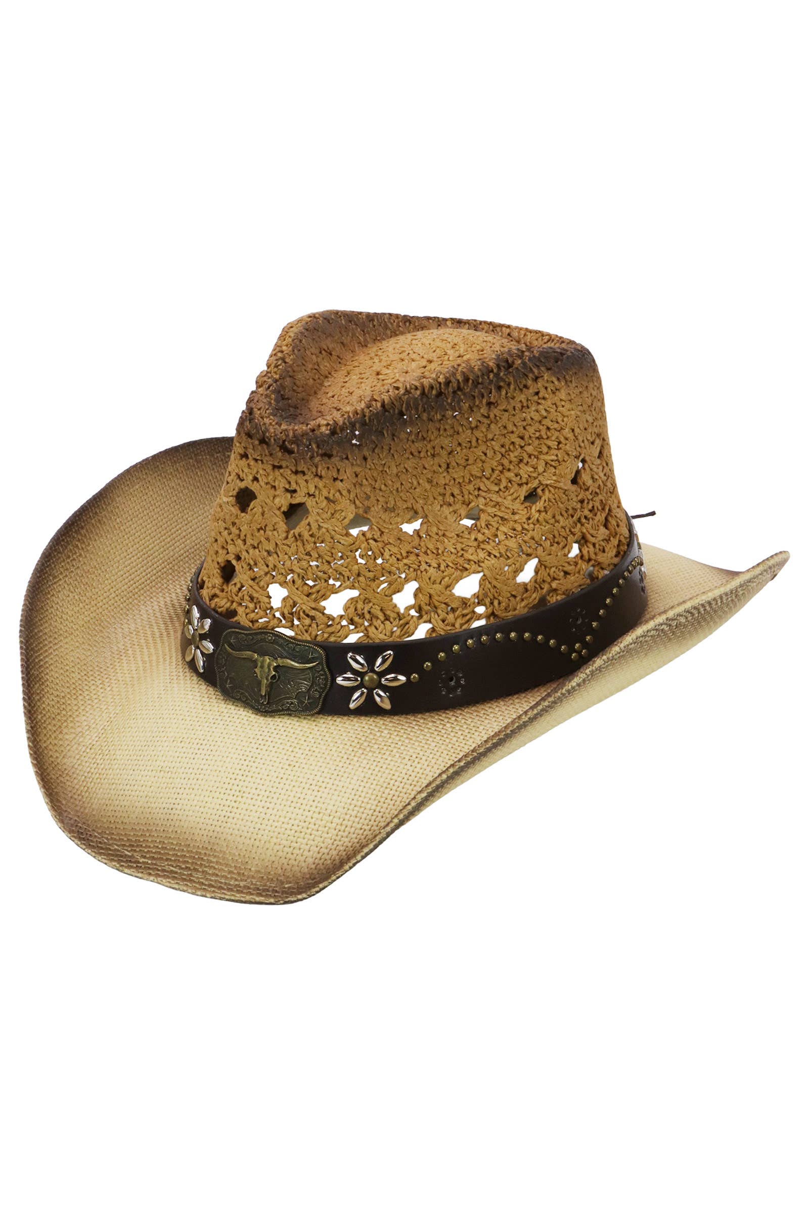 Cap Zone - Vente Chapeau de cowboy – femme - Chapeau de cowboy avec ceinture cloutée et emblème de longicorne floral4