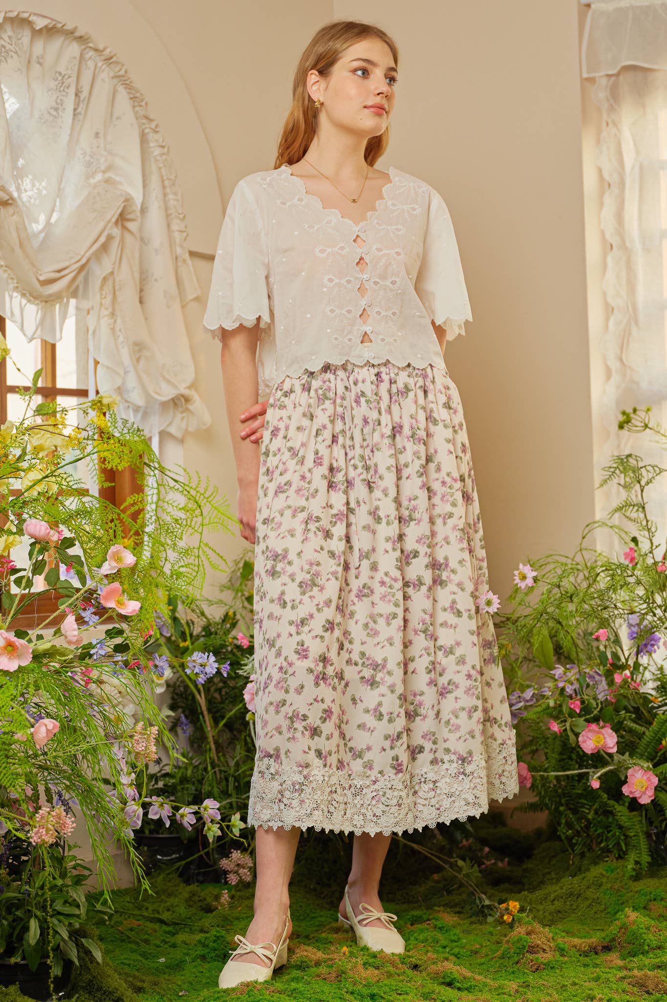 ROSIE POSIE – Saia - Mulher por atacado – RP2336 - Saia Midi Vintage com Renda Flor de Blossom5