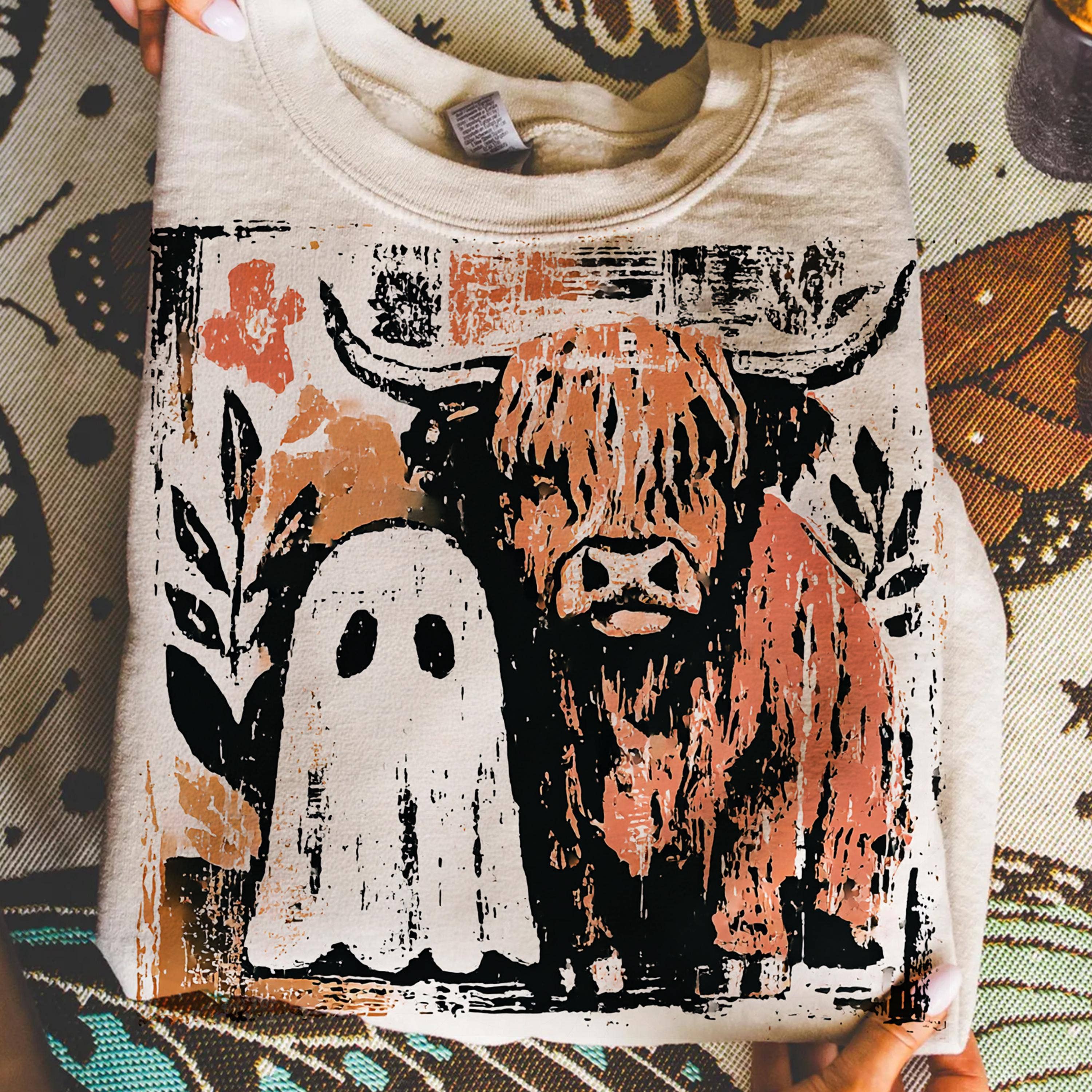 NVC Ecommerce LLC - Wholesale T-Shirt (Graphic) - Women's - Cute fall Highland Cow Ghost Shirt, Spooky Season Sweatshirt2