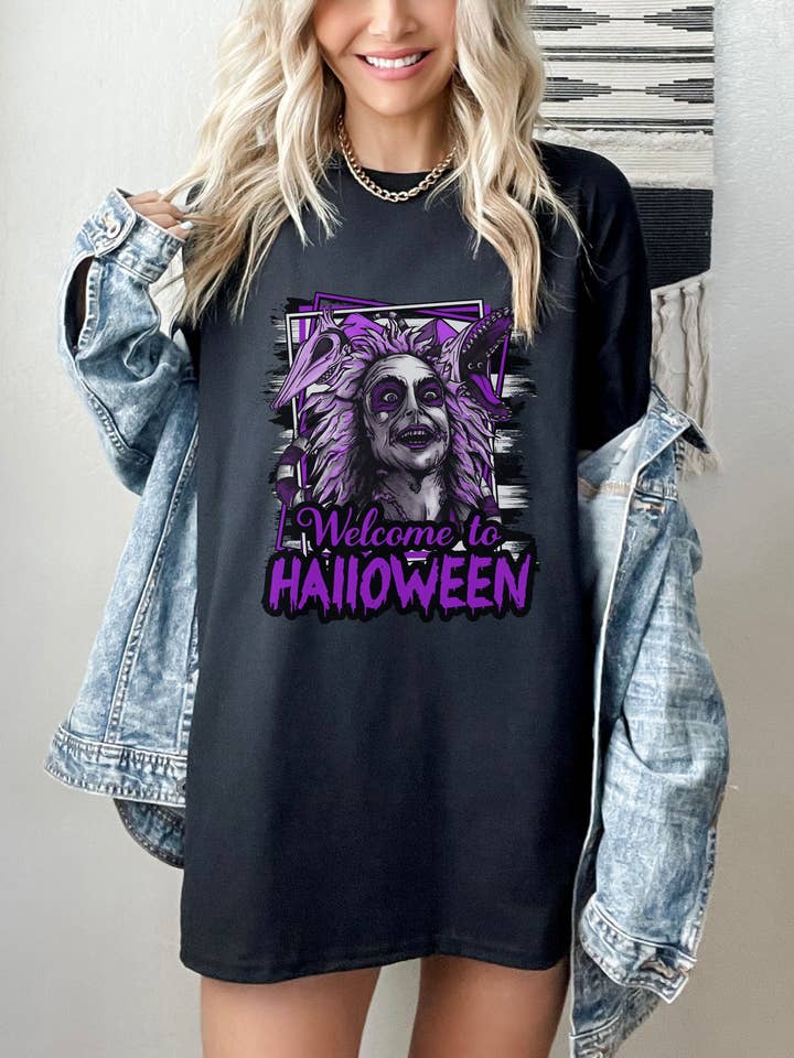 SONDO DESIGN LTD - Venta al por mayor Camiseta estampada - Mujer - Camiseta Welcome To Beetlejuice, camisa de Tim Burton para Halloween1