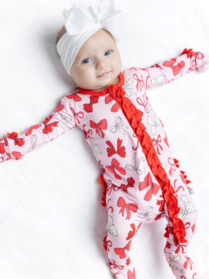 Red Bows Ruffle Footie for wholesale by Macaron + Me