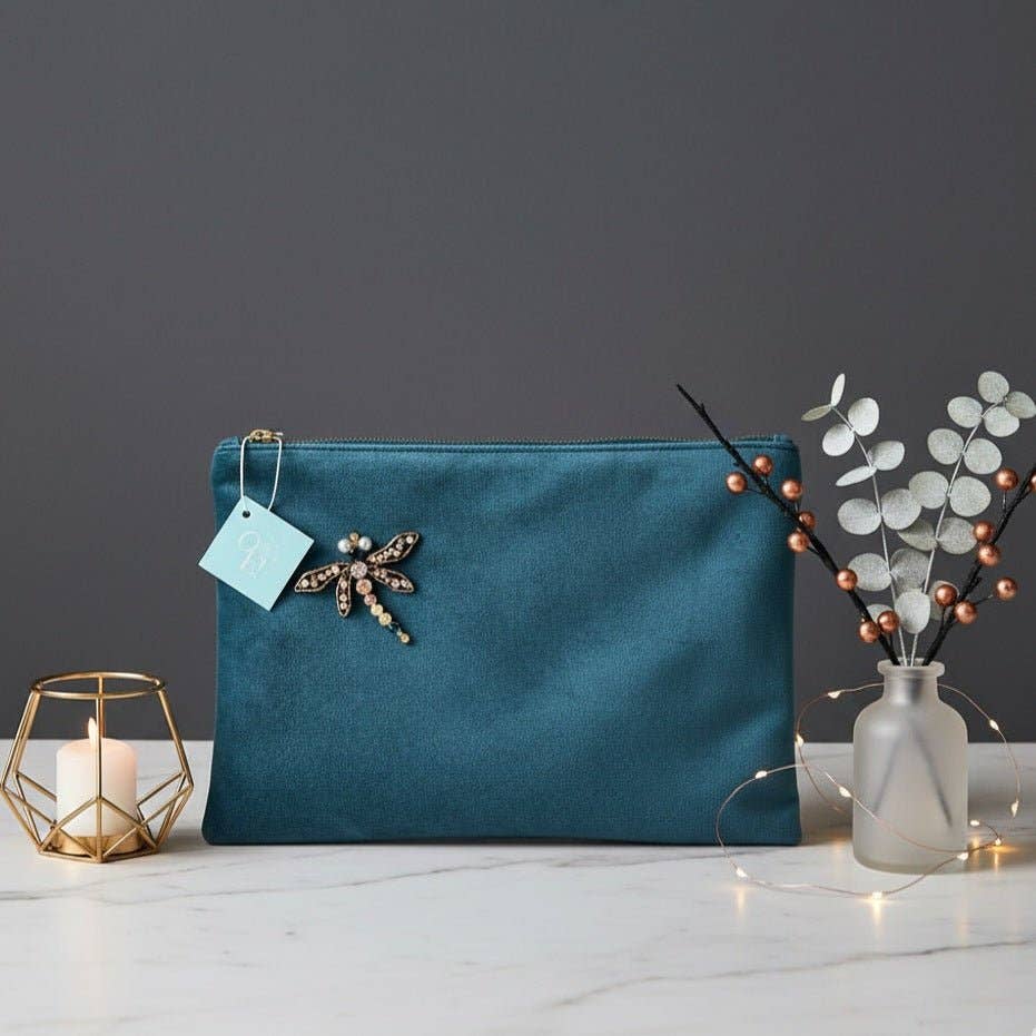 OE! - Wholesale Clutch Bag - Women's - LIBELLULA - Handmade Petrol Blue Velvet Clutch Made in Italy with Detachable Dragonfly Brooch0