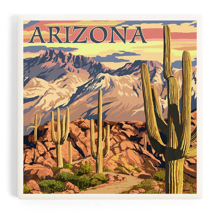 Arizona Desert Cactus Trail Scene at Sunset Ceramic Coaster for wholesale by Lantern Press