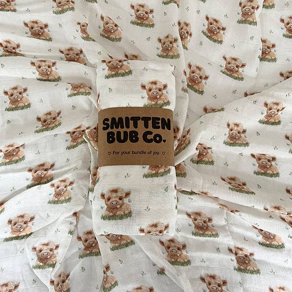 Smitten Bub Co. - Wholesale Swaddle – Baby - Highland Cow Bamboo Cotton Muslin Wrap