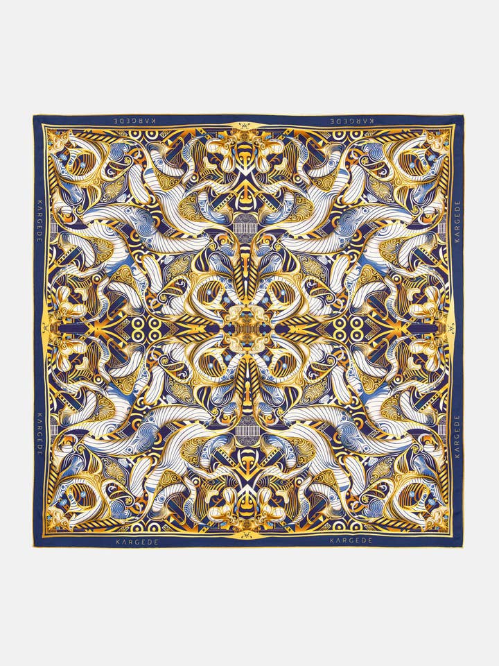 Porcelain Fever Dream – Blue Gold Double Sided Silk Scarf for wholesale by Kargede