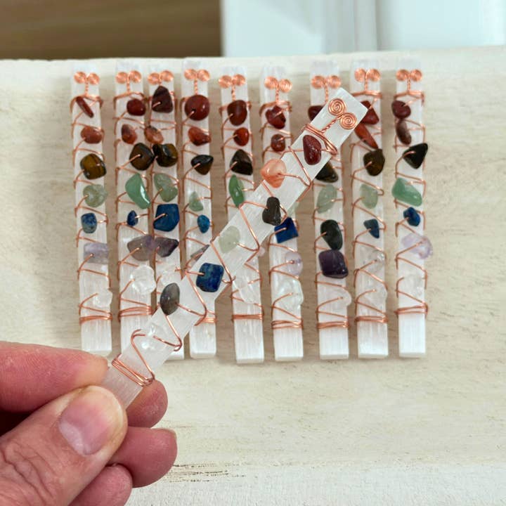 Picki Nicki - Wholesale Spiritual Stone/Crystal - Selenite Crystal Wands Adorned with Chakra Crystals3