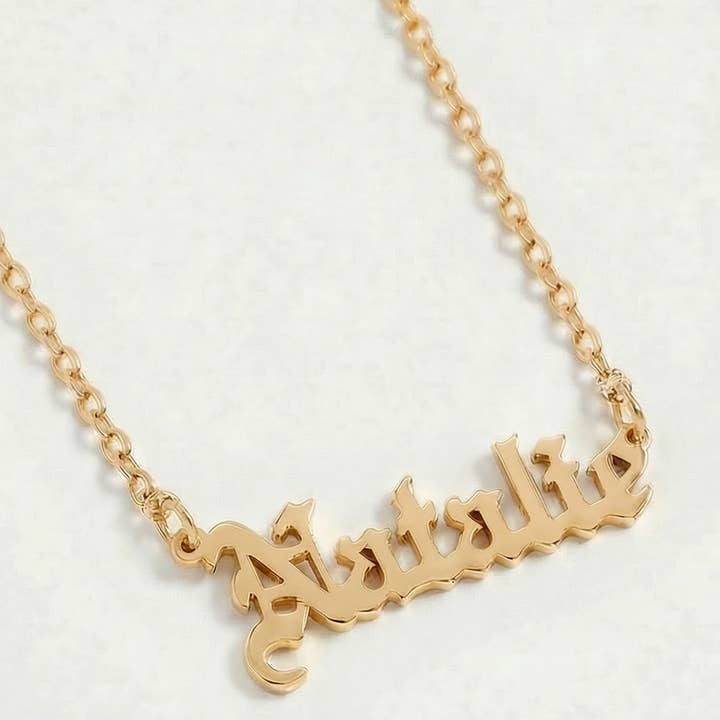 The Gothic Nameplate Necklace for wholesale by The M Jewelers