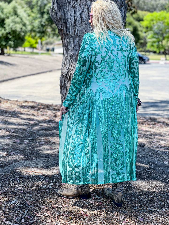 Bangles & Bourbon - Wholesale Kimono - Women's - Teal sequin kimono1