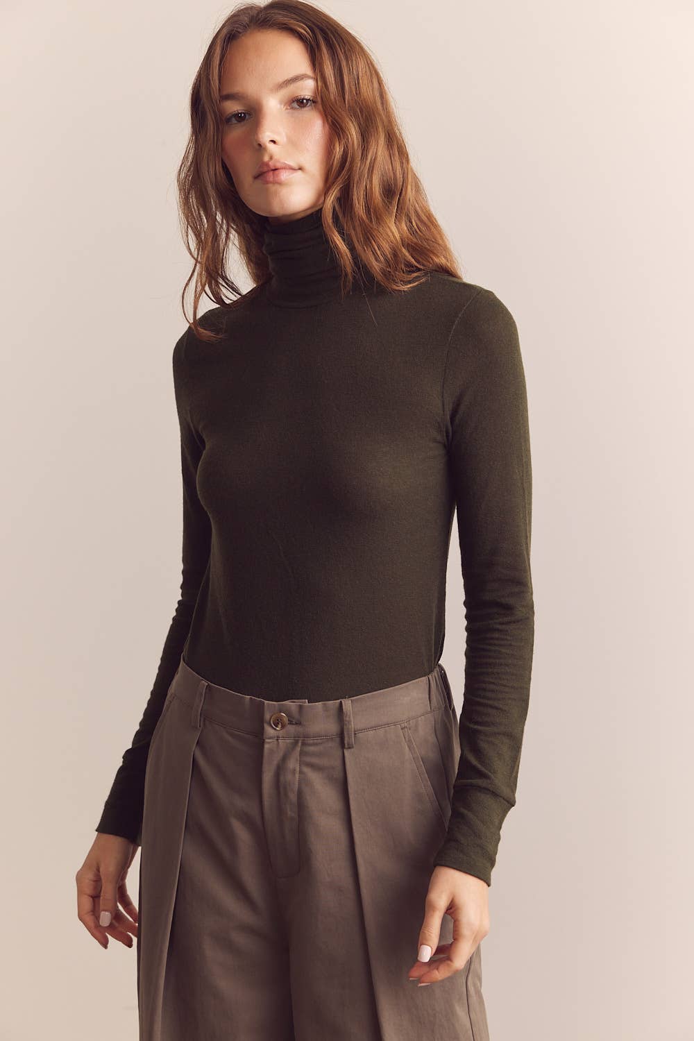 D Olive Wool blend lightweight turtleneck for wholesale on Faire2