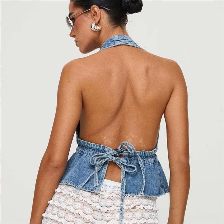 Plush Looks - Wholesale Blouse - Women's - Denim Sleeveless Backless Halter Tie Top