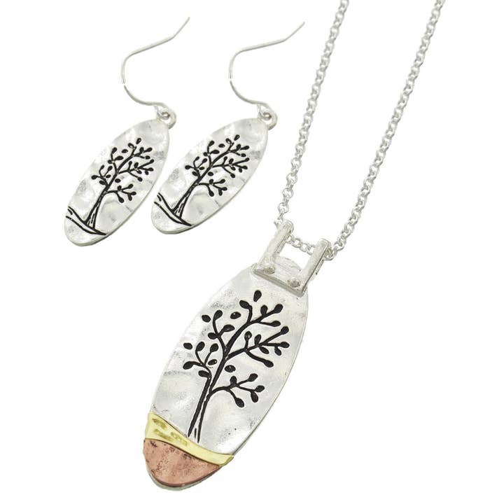 FR2652 Antique Silver Tree of Life 3-Tone Oval Necklace Set for wholesale by 0011 PREMIERE