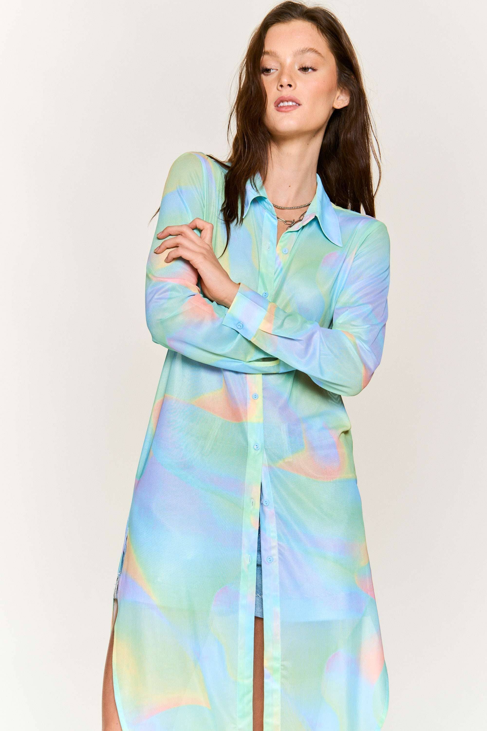 Hers & Mine - Wholesale Button Down Shirt - Women's - MESH TIE DYE BUTTON DOWN TUNIC SHIRT0