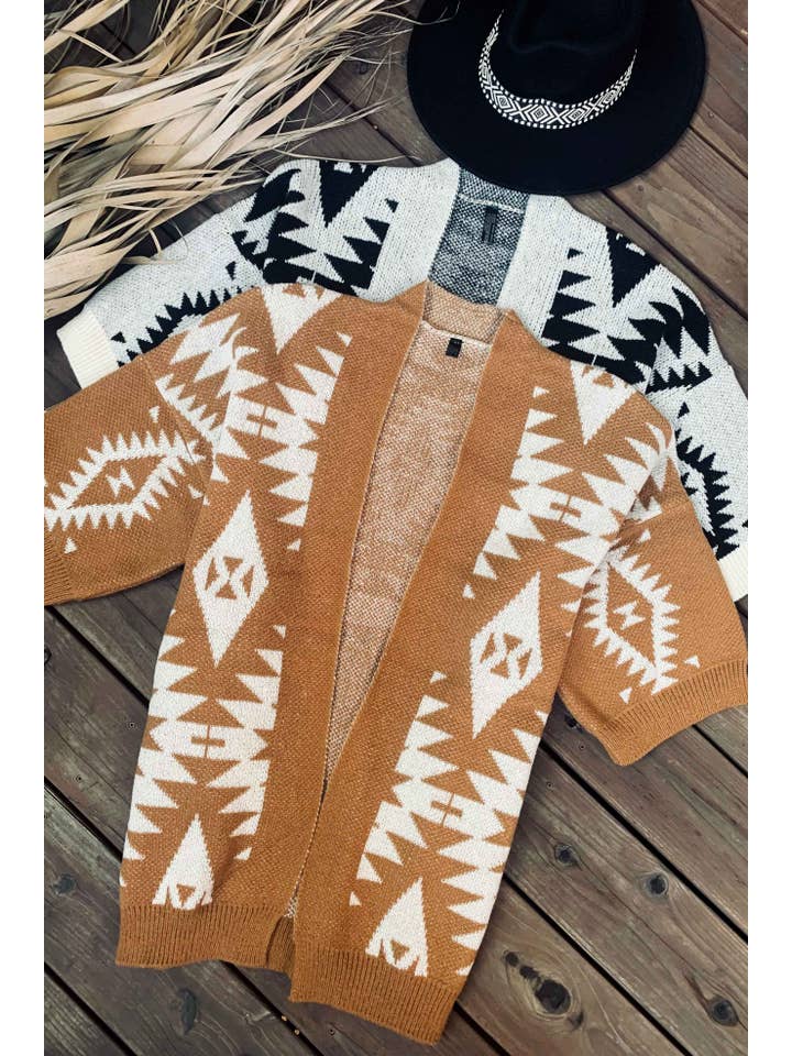 Cream Open Front Aztec Printed Knitted Cardigan for wholesale on Faire6
