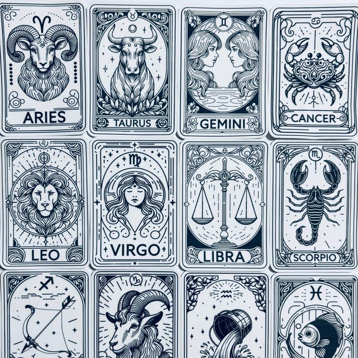 Set of Twelve Zodiac Stickers | Tarot Themed Zodiac Stickers for wholesale by Kraftmir