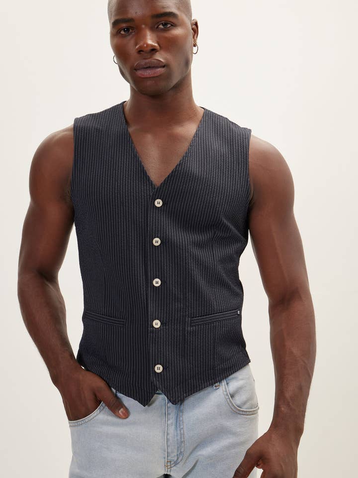 Gilet blu scuro a cinque bottoni da uomo per la vendita all'ingrosso da parte di Ron Tomson