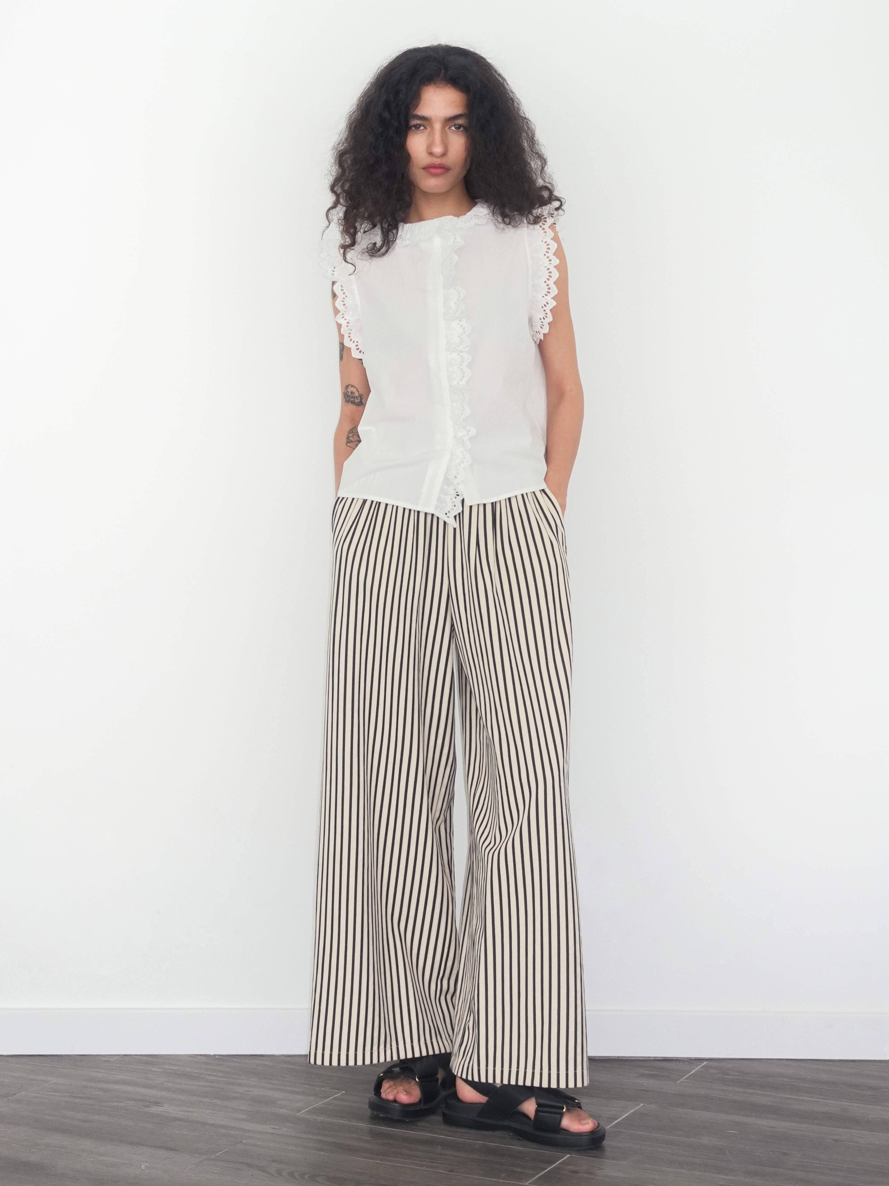 Beige Elastic Waist Striped Straight Trousers for wholesale on Faire4