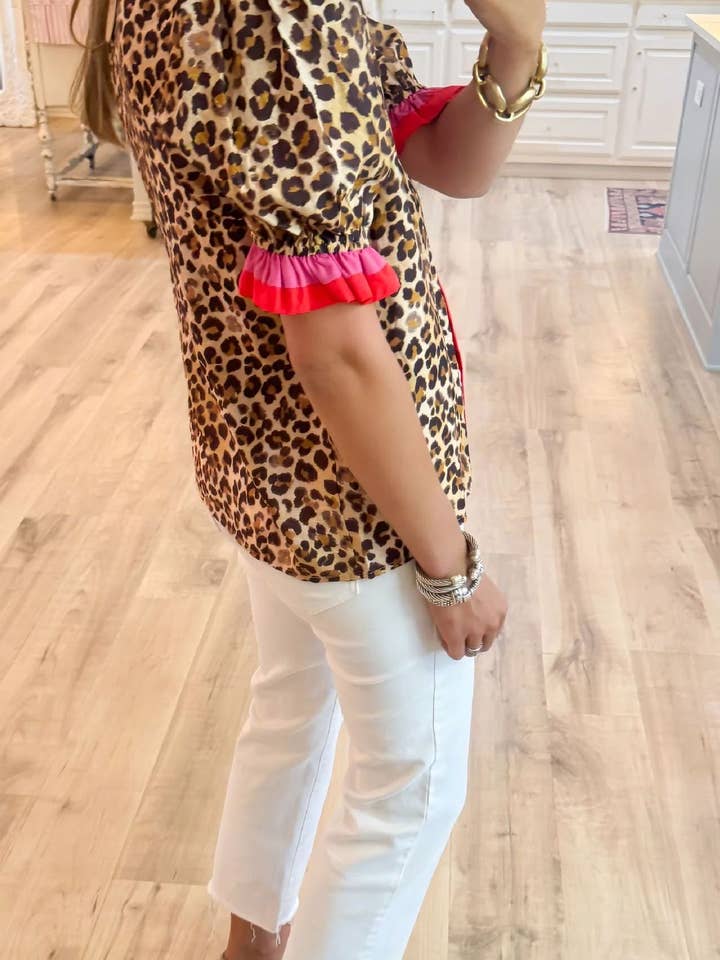 Leo Elegance Ruffle frilled Leopard print blouse short sleeve for wholesale on Faire1