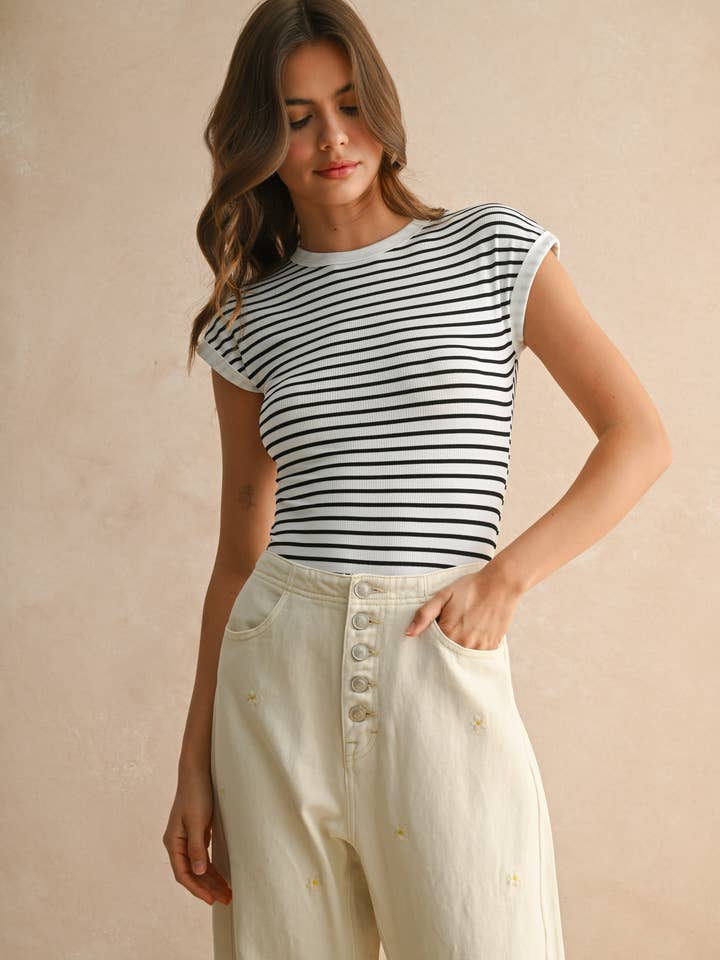 MIOU MUSE - Wholesale Bodysuit - Women's - T5298 STRIPED RIB CAP SHORT SLEEVE BODYSUIT