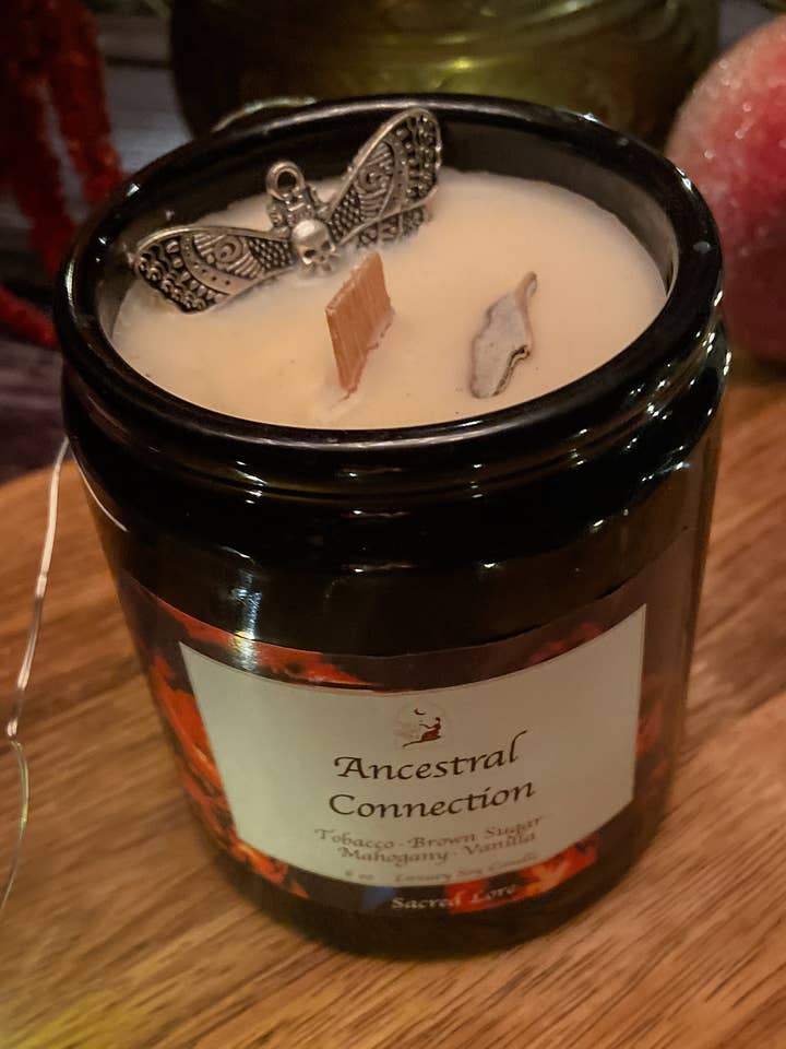 Bougie Ancestral Connection, bougie rituelle, pot d'apothicaire pour la vente par Sacred Lore