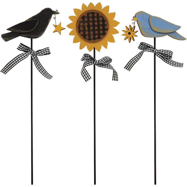 The Hearthside Collection - Wholesale Garden/Lawn Stake - 3 Set, Bluebird, Crow & Sunflower Plant Poke
