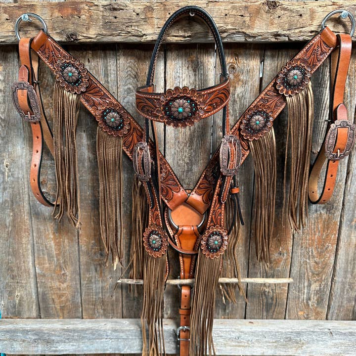 Rodeo Drive - Wholesale Horseback Riding Gear - Honey Colored Floral Copper and Turquoise Tack Set #BBBC529