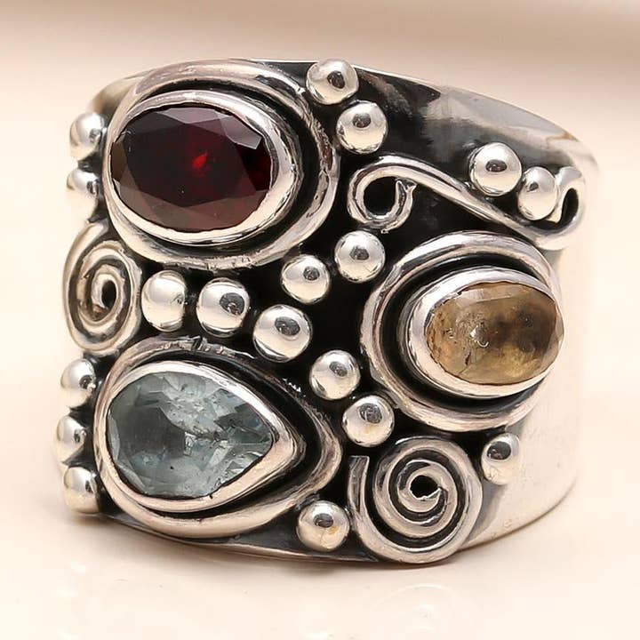 AG 925 JEWELLERY - Wholesale Cocktail/Statement Ring - 925 Silver Multi-Stone Wide Band Ring0