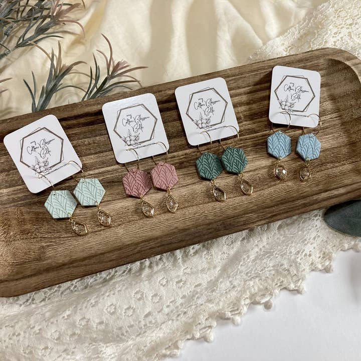 Arabella - Textured Hexagon Clay Hoops with Crystal Charm for wholesale by My Cotton Blossom Belle