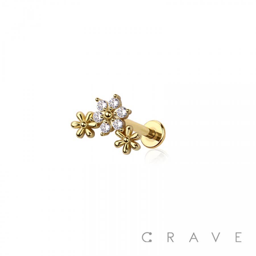 CRAVE - Wholesale Single Earring - MULTI CZ TRIPLE FLOWER TOP THREADLESS (PUSH IN)0