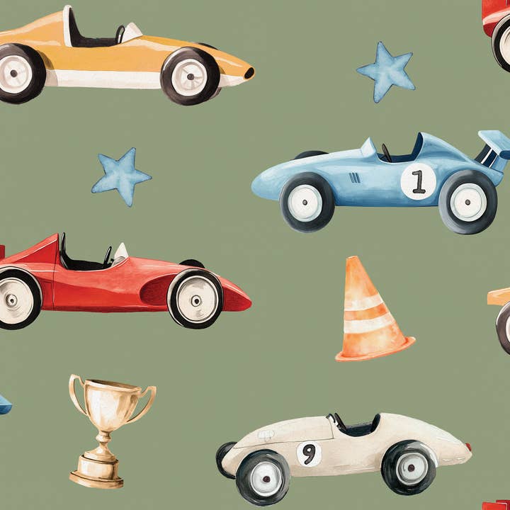 Vintage Race Cars Peel and Stick Wallpaper for wholesale by Veer Decor