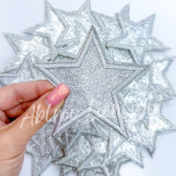 ABLNco - Wholesale Patch - 3” silver glitter star embroidery patch iron on