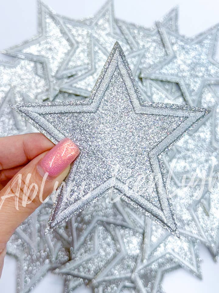3” silver glitter star embroidery patch iron on for wholesale by ABLNco