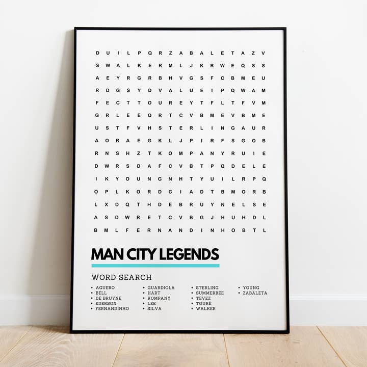 Manchester City Legends Football Man Cave Wordsearch Print for wholesale by Underdog Studio
