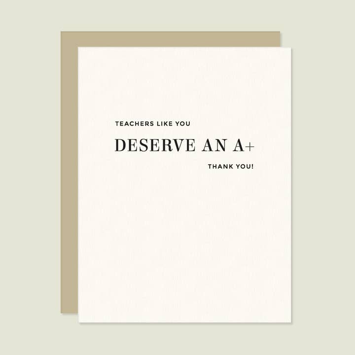A+ Teacher Letterpress Thank You Letterpress Greeting Card for wholesale by Missive