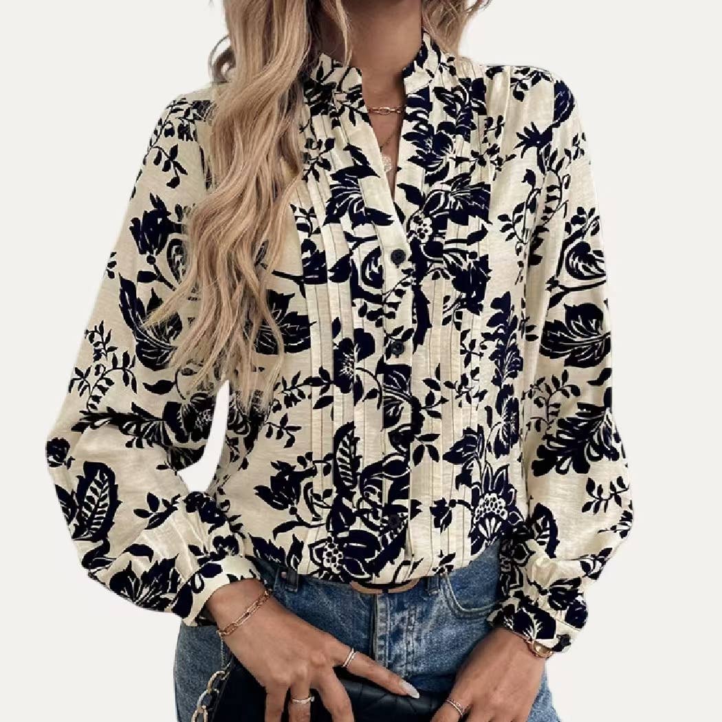 APRICOT Trendy Floral Print V Neck Long Sleeve Top for wholesale on Faire6