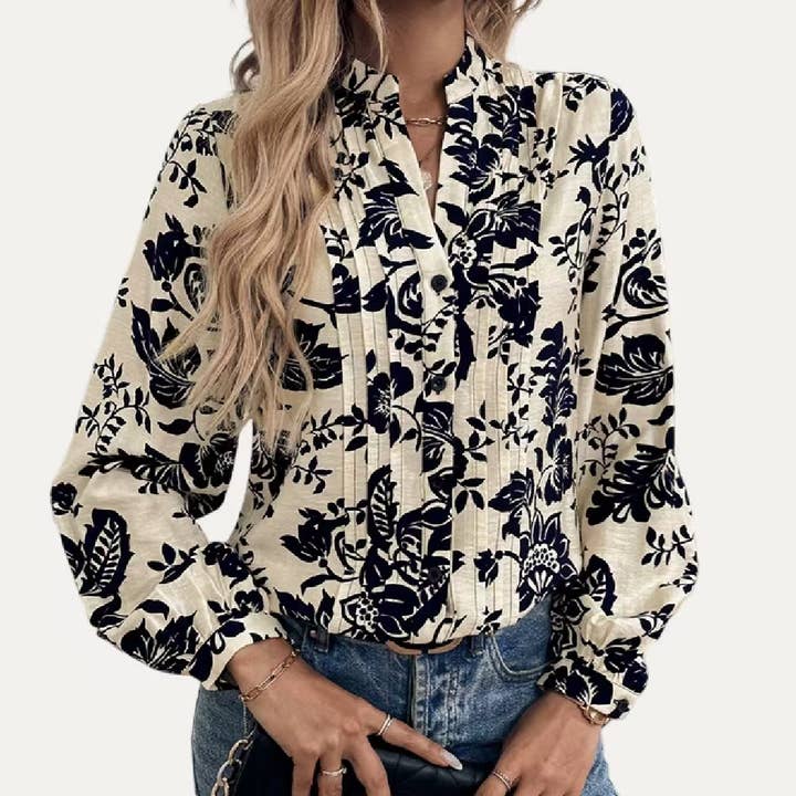 APRICOT Trendy Floral Print V Neck Long Sleeve Top for wholesale on Faire6
