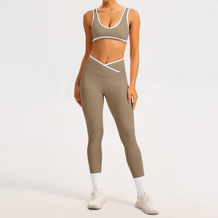 Farveblok Kryds-Talje Sports-BH & Skulptur-Leggingsæt for engroshandel hos Sodalemon