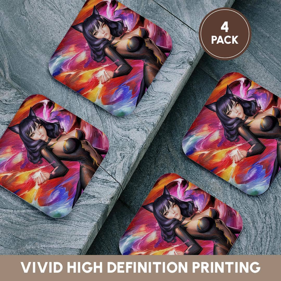 3dRose - Wholesale Coasters - 3dRose, Cat Woman. Charming brunette, black cat girl. The goddess of luck, Coaster12