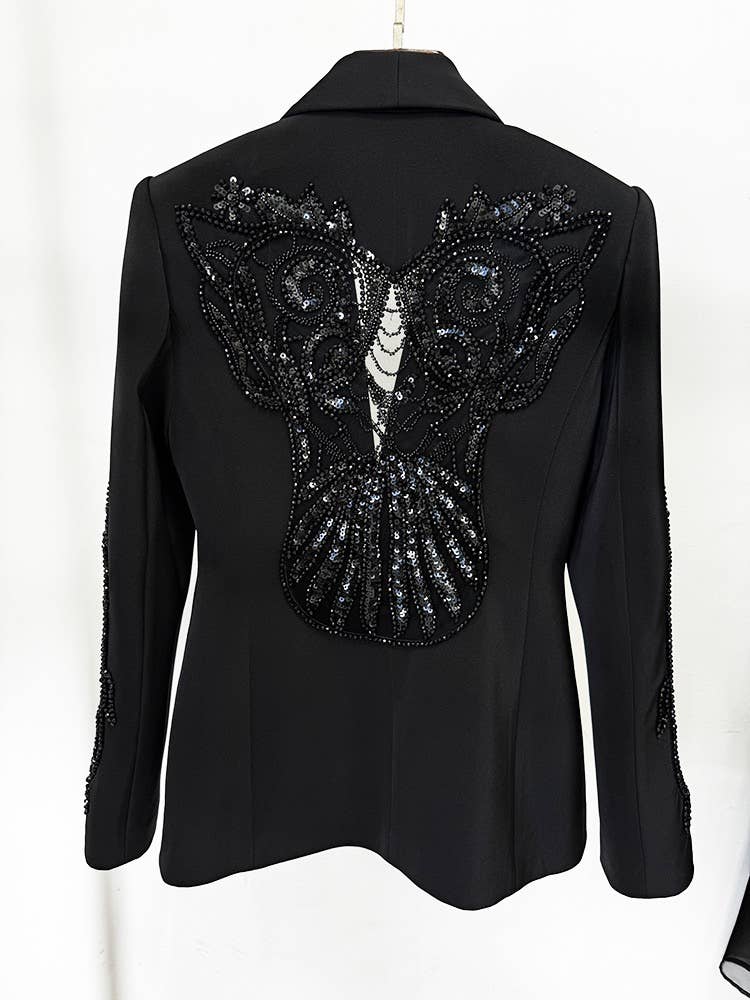 Black 4Y Mesh Stitching Beaded Suit Jacket with Chiffon Trousers for wholesale on Faire3