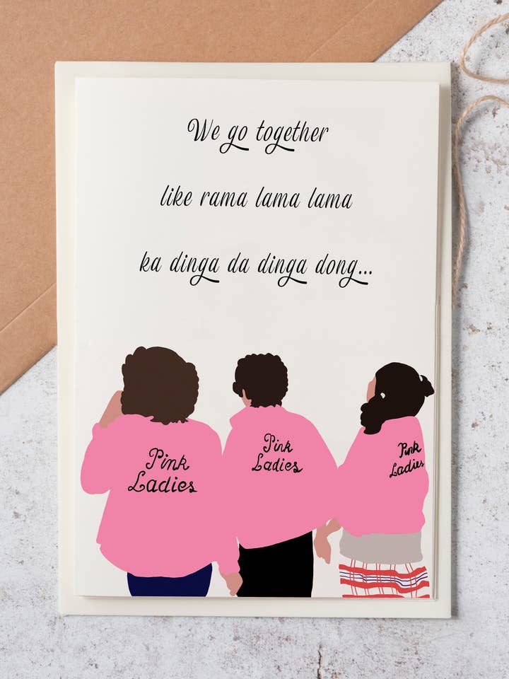Grease Pink Ladies greeting card for wholesale by The Arty Hand