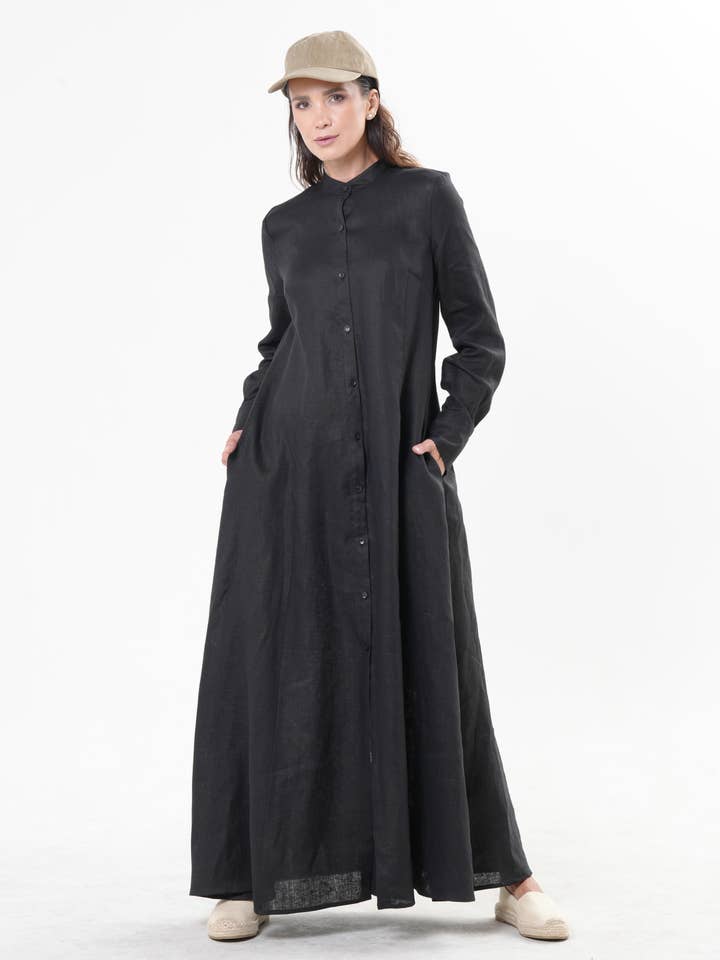 Long Sleeve Linen Dress in Black for wholesale by Metamorphoza
