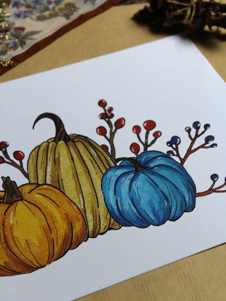 Aquarell-Wandbild Kürbisse und Pilze Herbst für den Großhandel von Au cœur des lunes