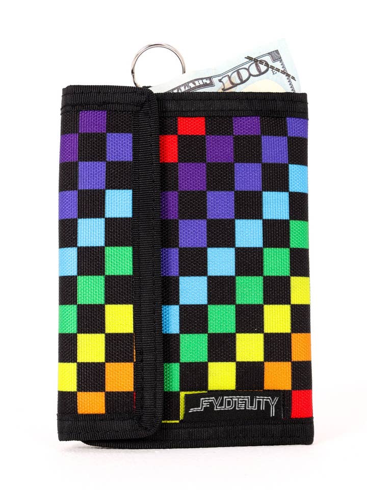 80705: 80's Wallet | RFID Blocking | Recycled RPET | | Checkered Rainbow Black for wholesale by Fydelity